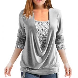 Zeiayuas Chemisier Femme Paillettes Strass Femme Sexy SoiréE Haut Faux Deux Pièces Ample à Smocks et Col en U à Sequins Chemisiers Blouses Femme Manche Longue Chemisier Femme Chic Et éLéGant (⭐⭐⭐⭐⭐Zeiayuas, neuf)