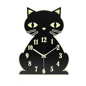 Topkey Horloge Murale silencieuse Lumineuse sans tic-tac, Motif Animal, pour Enfant, Fonctionne &agrave; Piles (Non incluses) - Chat Mignon Noir (iHome Style, neuf)
