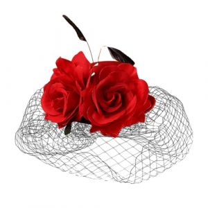 Chapeau bibi pour femme avec voile, plumes et fleurs - Bandeau en maille - Accessoire &eacute;l&eacute;gant pour mariage, cocktail, f&ecirc;te, course, mari&eacute;e (rouge, taille unique) (jksmyx, neuf)