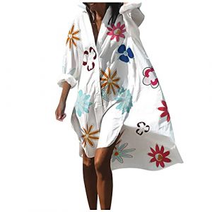 Robe de plage pour femme - Longue - Boho - Blanc - Robe d'&eacute;t&eacute; - Tunique de plage - Par&eacute;o - Robe de plage - Manteau de plage - Robe d'&eacute;t&eacute; l&eacute;g&egrave;re - Manches courtes - Poncho de plage fin - Veste de plage (Cy.betony, neuf)