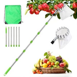 seOSTO Cueille Fruit Télescopique, 2,6M Cueilleur de Fruits Amovible, Ramasse Fruit avec Poteau Réglable Léger et Sac de Rangement, Outil Cueillette Jardin Arbre Poires Pêches Ø 160mm (SeOST, neuf)