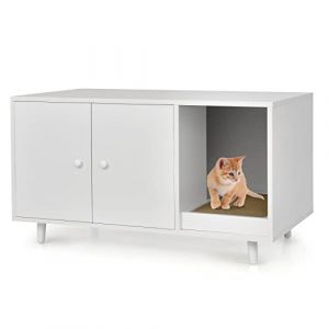 GOPLUS Maison de Toilette pour Chat en Bois Meuble Litière pour Chat Double Portes avec Grattoir à Chat pour Salon, Entrée, Couloir, 90 x 50 x 50CM (Augenstern24, neuf)