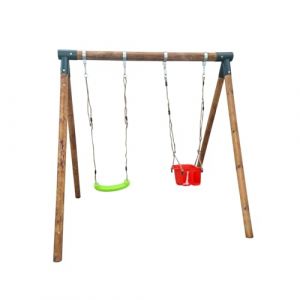 MASGAMES | Balan&ccedil;oire Double KABA | Coin Droit | Structure Compacte | Bois Trait&eacute; pour l'Ext&eacute;rieur | (2 Si&egrave;ges Plats + Chaise B&eacute;b&eacute;) (MASGAMES, neuf)