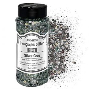 Holographique Grosses Paillettes, 100g Gris argent Sequins Glitter, Paillettes pour Visage, Corps, Cheveux, R&eacute;sine Epoxy, Paillette Visage Festival (JEMESI-FR, neuf)