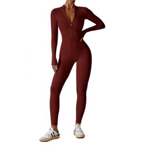 Ecupper Femmes Combinaison Manches Longues Combinaison Skinny Sport Bodysuit &Eacute;lastique Yoga Jumpsuit Une Pi&egrave;ce Gym Fitness Rouge Fonc&eacute; L (Ecupper Store, neuf)