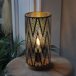 JHY DESIGN Lampe de table 28cm équipé d'une minuterie de 6 heures chambre salon bureau abats-jour et pieds led fer forgé avec base en bois cylindrique sculptée moderne pour salon(motif W) (JHY DESIGN, neuf)