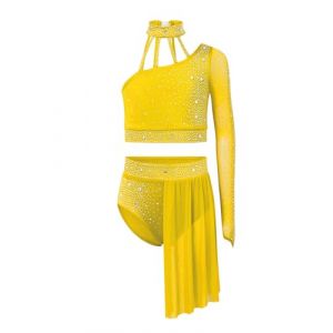 Linjinx Enfant Fille Justaucorps de Gymnastique Robe Danse Classique Lyrique Asymétrique Robe de Patinage Artistique Paillette et Jupe Tutu Costume Performance 5-16 Ans Jaune 7-8 ans (Linjinx, neuf)