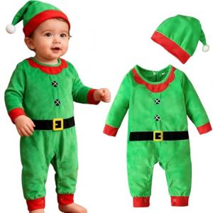 Pyjama Noel Bebe Garcon Fille, Tenue Noel Bebe, Deguisement Noel Bebe Costume Noel Bebe Manches Longues, Pyjama Lutin Noel Bebe, Jolie Combinaison de Costume Bebe Noel + Bonnet de Noel (0-12 Mois) (NineHansen, neuf)
