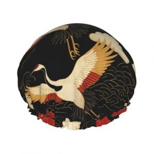 Bonnet de douche &agrave; double couche, orn&eacute; d'une grue orientale, de nuages porte-bonheur et de fleurs. R&eacute;utilisable, imperm&eacute;able, confortable et &eacute;l&eacute;gant. (ZhangYangMie, neuf)