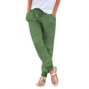 Pantalon Coton Lin Femme, Pantalons Fluide Femme Sarouel été Léger Décontractés Mode Pantacourt Confortable Rétro Pants Chic Elegant Taille Elastique Pantalons De Sport Jogging Baggy Yoga avec Poches (Zhiyao(Exclusif à 50%-80% réduction), neuf)