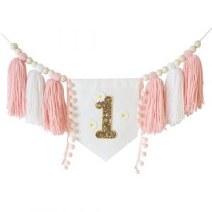 YAFLUG 1 Pièces 200Cm Bannière De Chaise Haute Faite À La Main Boho 1Er Anniversaire Décoration De Fête Pour Fille Mousse De Bébé,marguerite Decoration Anniversaire 1 An(rose,B) (HANDMADE MEMORIES, neuf)