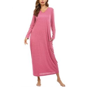 Sykooria Chemise de Nuit Femme Longue Chemise de Nuit Femme Hiver Robe de Nuit Femme Coton Chemise de Nuit Manche Longue avec Poche Peignoir de Bain Taille Grande A-Rose foncé M (CHONGREN-EU, neuf)