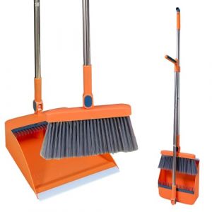 Roellgs Set de balai avec dents &agrave; peigne anti-vent vertical, manche long - Kit de balayette et pelle &agrave; poussi&egrave;re - Ensemble de nettoyage domestique (orange) (FEISITE, neuf)