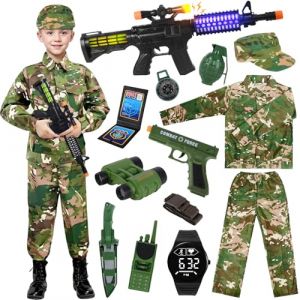 Deguisement Militaire Enfant, Costume Militaire Enfant Camouflage Militaire D&eacute;guisements pour Enfants,Costume Arm&eacute;e Soldat T&eacute;lescope Walkie Talkie Mitraillette Jouet Militaire pour Halloween Carnaval (HUAJIESW, neuf)