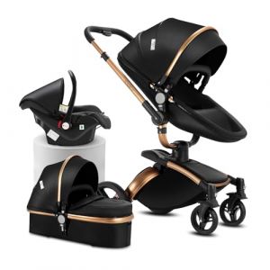 Reenborn Cuir PU Poussette 3 en 1, Poussette Bebe avec Siège Réglable Rotation à 360°, Pousette avec Cadre Aluminium Haute Paysage, Pousette 3 en 1 avec Conception Pliable en Un Clic (906 Black) (huangzhongguig, neuf)