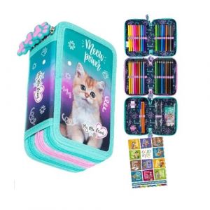 Goldkids - Trousse &agrave; 3 compartiments - Trousse pour filles et gar&ccedil;ons - Trousse &agrave; 3 compartiments - Trousse remplie - Trousse d'&eacute;colier et cahier de devoirs, Chat 3, 3-f&auml;hig, Trousse &agrave; crayons (Goldkids, neuf)