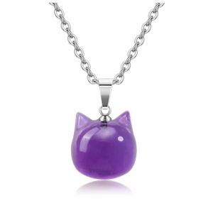 Jovivi Collier Pendentif Chat Pierre Naturelle avec Chaîne Acier Inoxydable Pierre Energétique Femme Fille Amitié Cadeau Fête de Mère Anniversaire (améthyste) (kaenmis, neuf)