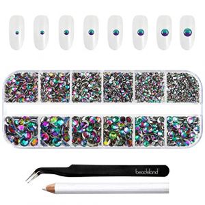 Beadsland strass pour le maquillage,8 tailles 2500pcs cristal dos plat strass visage pierres pr&eacute;cieuses pour l'artisanat ongles avec des pinces et un crayon de cire,Volcan Vert,SS4-SS30 (EVERNEWUK, neuf)