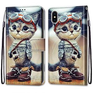 Mo-Somnus Coque pour iPhone XS/iPhone X (5,8 Pouces), Etui en Cuir PU Portefeuille Housse Coque avec 360 Degr&eacute;s Silicone Protection Cover Cuir Pochette Magn&eacute;tique und Flip B&eacute;quille (Chat 1) (Mo-Beauty EU Store, neuf)