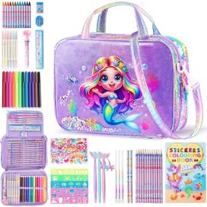 D-FantiX Kit Coloriage Enfants Parfum&eacute;s aux avec Sac &agrave; main Sir&egrave;ne, Set d'art pour Enfants 63 pi&egrave;ces Kit Dessin, Crayons, Stylos de Couleur, Autocollants, Licorne Jouet Cadeau fille 4 5 6 7 8-12 ans (QianqingTech, neuf)