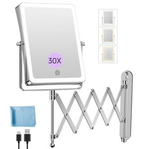 Famihomii 5000mAh Miroir Maquillage Lumineux Rechargeable, 8,7" Double Usage 1X/30X Grossissement, Miroir Grossissant Mural, 3 Temp&eacute;ratures de Lumi&egrave;re, R&eacute;glable en Luminosit&eacute;, Pivotant 360&deg; (Chrome) (Famihomii EU, neuf)