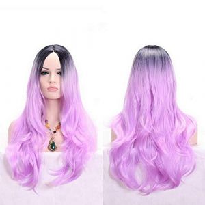 GHK Anime Partie Milieu Racine Foncé Noir Rose Bleu Violet Perruque Ombre Cheveux Synthétiques Longue Ondulée Femme Perruques Cosplay Haute Température Fibre Clair Pourpre (good stuff A, neuf)