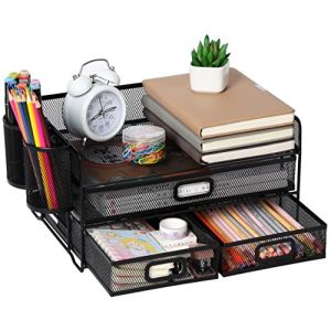 Vikmyer Organisateur de bureau à 4 plateaux, Organisateur de fournitures de bureau en maille, Support de courrier et de documents avec tiroir (2 porte-stylos) (Mnkyer, neuf)