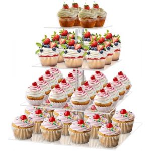 LATERN 4 Niveaux Pr&eacute;sentoir &agrave; Cupcakes, Carr&eacute; Tour &agrave; G&acirc;teaux en Acrylique Pr&eacute;sentoir Transparent &agrave; &Eacute;tages Support &agrave; Desserts R&eacute;utilisable pour Mariage Anniversaire Baby Shower Halloween F&ecirc;te (QINGJIN-EU, neuf)