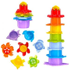 FancyBaby 1+ Pyramide de Gobelets &agrave; Empiler 29 cm Jouets de Bain pour B&eacute;b&eacute; et Enfant 1 2 3 Ans Tour Gigogne Empilable avec les Animaux de la Mer Jeu de Bain, de Piscine et de Sable &agrave; partir de 12 mois (DreammyToys, occasion)