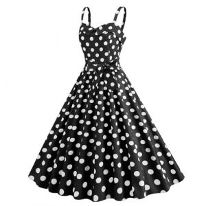 Robe Année 60 Femme Col V sans Manches Vintage Robes Style 1950's Audrey Hepburn Pin Up Rockabilly Élégante Polka Dot Swing Retro Robe Plissée Robe De Soirée Cocktail Mi Longue (Blingko, neuf)