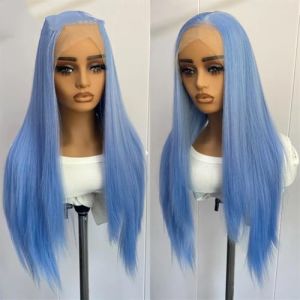 Perruque de cheveux synth&eacute;tiques longs et lisses pour femme Bleu clair 33 x 10 cm Utilisation quotidienne Bleu clair 61 cm (Liukai.W, neuf)