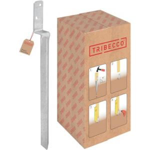 TRIBECCO Douille de sol à enfoncer en forme de L pour poteaux en bois carrés - Dimensions : 40 x 530 mm - Support de poteau en L à enfoncer dans le sol - Chaussure de support universelle en L en acier (TRIBECCO, neuf)
