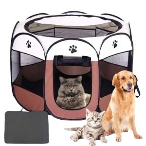 LUFEIS Parc pour Chiot Interieur Pliable, 74x74x43 CM Étanche Enclos pour Chat, Extérieur Parc pour Chien, Portable Octogonale Parc pour Chiots, pour Chats, Chiens, Lapins, Petits Animaux (Brun) (weiyuyu, neuf)