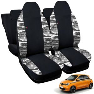 Rebeca Shop&reg; Housses de si&egrave;ges auto compatibles pour Twingo avec si&egrave;ges arri&egrave;re divis&eacute;s, Lot de 6, divers coloris (Noir/Camouflage clair, Pour Twingo 3e S&eacute;rie SANS Logo) (Rebecashop, neuf)