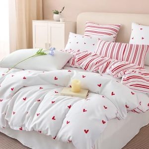 Freyamy Housse de Couette 140x200cm+1 Taie d'oreiller 65x65cm Coeur Imprimé Blanc Rouge Parure de lit Motif du Cœur Ado Adulte Filles Sets de Housse Couette en Microfibre avec Fermeture Éclairs (Mitchell'SZ, neuf)