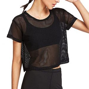 ORANDESIGNE Top Dentelle Sexy Transparent Haut T-Shirt Femme en R&eacute;sille Perspectif Manches Longues Crop Top Mesh Col Rond Chemise Slim Fit Babydolls Soir&eacute;e G Noir S (Wowmart Zoo X., neuf)
