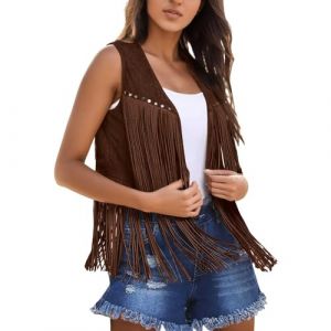 NaLatia 2024 Gilet à Frange Hippie Femme été Haut Veste Manteau Frangé sans Manches Vintage Daim Chic et Elégant Casual Grande Taille Mode Ethnique Cardigan Leger Court Western Cowboy Extérieur Mode (GUnakd, neuf)