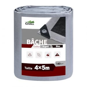 Covall Bâche Imperméable Bâches de Protection en Polyéthylène 140g/m² Robuste 4x5m Étanche Renforcé Trou Soudé Résistant à la déchirure Toit Polyvalent Pool Truck RV Camping Tente Jardin Argent/Noir. (RAINDEWAY COVERS, neuf)
