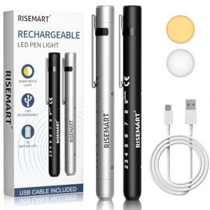 RISEMART Lampe de diagnostic avec mesure de pupille et r&egrave;gle, blanc chaud/blanc froid, lampe-stylo LED rechargeable par USB pour infirmi&egrave;re, &eacute;tudiants en m&eacute;decine (Noir et argent) (RISEMART-EU, neuf)