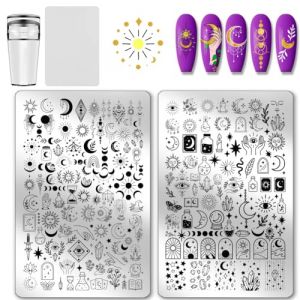 PH PandaHall 2pcs Pochoirs Ongles &Eacute;toile Lune Motif Nail Stamp Plaque Soleil Lune Phases Impression Art Mod&egrave;le Acier Inoxydable &Eacute;toile Ongles Pochoir Ensemble pour Femmes DIY Impression 14.5x9.5cm (Yizhou EU, neuf)