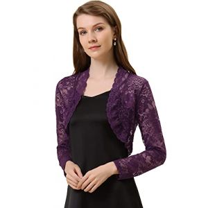 Allegra K Boléro Dentelle Florale Femme Cardigan Court Ouvert Devant à Manches Longues Boléro Élégant pour Invité de Mariage et Cocktail Gilet Court Demi-Transparent Violet Foncé M (Weisser Berg, neuf)