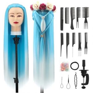 Tete a Coiffer, 28 inch 100% de Cheveux Synthétiques Têtes d'exercice Tête À Coiffer Coiffure Cosmétologie tete a coiffer professionnelle Poupée avec Support + Ensemble de Tresse (Bleu Blanc) (Guangzhouxinfeifazhipinmaoyiyouxiangongsi, neuf)