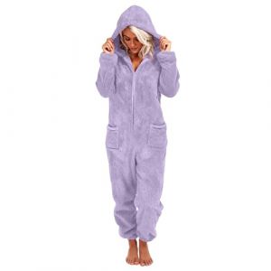 Combinaison Pyjama Femme Hiver Chaud Polaire Pyjama Pilou Pilou Femme Zipp&eacute;e &Agrave; Capuche Moelleux Combinaisons Une Pi&egrave;ce Peluche Oreilles de Chat Loungewear Grenouillere avec Poches (1-Light Purple, XL) (♛. ThriVE (✈5-10 jours d&eacute;lai de livraison✈), neuf)