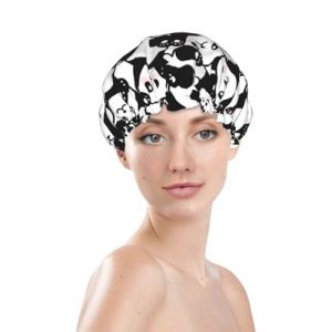 Bonnet de douche pour femme, r&eacute;utilisable, imperm&eacute;able, double couche, bande &eacute;lastique, bonnet de bain pour cheveux longs, joli bonnet de cheveux panda-E pour douche (JinRui-EU, neuf)
