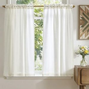 TOPICK Rideau Cuisine Court Brise Bise, Blanc 90L x 115H(cm) 2 Panneaux &agrave; Passe Tringle Petit Rideau, pour Fen&ecirc;tre Placard Meuble Bas Chambre Cache Evier，en Effet L&eacute;gers (Audrey Home Fashion, neuf)