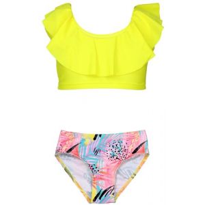 Aquarti Set Bustier Slip de Bikini Maillots de Bain Deux Pièces Filles Deux Pièces, 037 Bikini à Volants Rose Jaune Feuilles, 140 (LotteStyle, neuf)