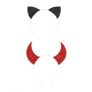 HAMPPLIES 2 Pièces Bandeau Oreille Chat et Cornes de Diable pour Fête Accessoire Coiffure Décoratif Set Garçon Fille Rouge et Noir (Chfaan, neuf)