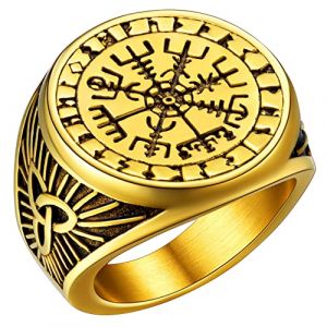 FaithHeart Chevalière Bague Vegvisir Celte Homme Plaqué Or Taille 54 Chevalière Viking Runique Nordique Acier Inoxydable (FaithHeart Jewellery, neuf)