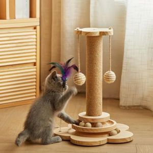 Whemyreat Arbre à chat interactif avec fil de sisal naturel et grattoir - Jouet pour chat à l'intérieur avec 4 trackballs en bois (prunejuices, neuf)