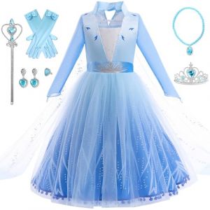 IWFREE Costume Elsa Reine des Neiges 2 - Robe à manches longues avec cape longue pour fille - Pour Noël, carnaval, Halloween, fête, fête - Bleu - 2-8 ans (MUMUM, neuf)